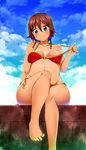  amy_(suisei_no_gargantia) animal aqua_eyes barefoot bikini bon_(moegomi) braid breasts brown_hair cloud day hair_between_eyes large_breasts looking_at_viewer navel o-ring o-ring_bikini o-ring_top short_hair side-tie_bikini sitting sky smile solo suisei_no_gargantia swimsuit twin_braids wide_hips 