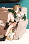  1girl boots breasts brown_hair cleavage couch green_eyes guitar headphones idolmaster idolmaster_cinderella_girls instrument leg_up mabera off_shoulder short_hair short_shorts shorts sitting solo tada_riina tank_top 