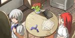  book couch dressing flower from_above hong_meiling indoors izayoi_sakuya long_hair multiple_girls paper pencil red_hair shibasaki_shouji short_hair silver_hair sitting sweatdrop table touhou tying upper_body vase 