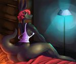  bed bedroom big_butt black_skin bottomless breasts butt clothing collaboration female hair hindpaw inside jinash kangaroo lamp looking_back mammal marsupial paws red_eyes red_hair ritts shirt short_hair side_boob sitting smile solo thick_thighs thighs voluptuous 