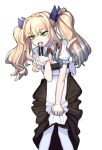  1girl blonde_hair bow cum cum_in_mouth dress_grab green_eyes hair_bow long_hair mabera original pantyhose solo spitting_cum twintails white_background white_legwear 