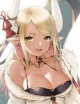  1girl :d bangs bare_shoulders black_bikini_top blonde_hair breasts brown_eyes cleavage collar collarbone commentary_request earrings elbow_gloves eyebrows_visible_through_hair fur_trim gloves granblue_fantasy hand_up highres horns jewelry koretsuki_azuma kuvira_(granblue_fantasy) large_breasts long_hair long_sleeves looking_at_viewer off_shoulder open_mouth pointy_ears shirt sidelocks simple_background smile solo swept_bangs upper_body white_background white_gloves white_shirt wide_sleeves 