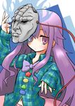  bow circle expressionless hata_no_kokoro jojo_no_kimyou_na_bouken long_hair long_sleeves looking_at_viewer mask mask_on_head mitsuki_kurage_(kaijou_fuyuu) plaid plaid_shirt purple_eyes ribbon shirt skirt solo square star stone_mask_(jojo) touhou triangle 