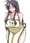  apron bare_shoulders black_hair blush breast_hold breasts cleavage covered_nipples curvy heavy_breathing highres large_breasts leaning_forward long_hair lyrical_nanoha mahou_shoujo_lyrical_nanoha_innocent mature mitsurugi_tsurugi naked_apron open_mouth precia_testarossa purple_eyes solo sweat thighs very_long_hair white_background 