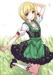  blonde_hair bow dirndl dress erica_hartmann frills german_clothes grass grey_eyes leg_up matsuryuu md5_mismatch ribbon short_hair smile socks solo strike_witches world_witches_series 