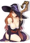  black_gloves breasts brown_eyes brown_hair cleavage dragon's_crown elbow_gloves gloves hat highres holding large_breasts lips long_hair parted_lips revision sash shirabi sitting smile solo sorceress_(dragon's_crown) staff witch_hat yokozuwari 