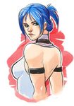  armlet back bare_shoulders blair_dame blue_hair boots breasts from_behind green_eyes greenmarine large_breasts leotard lips nose solo street_fighter street_fighter_ex_(series) upper_body 