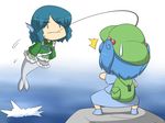  2girls backpack bag blue_hair fishing fishing_rod hair_bobbles hair_ornament hat head_fins japanese_clothes kawashiro_nitori long_sleeves mermaid monster_girl multiple_girls obi rock sash shirotama_shiruko short_hair short_sleeves short_twintails sweatdrop touhou twintails two_side_up wakasagihime water wide_sleeves 