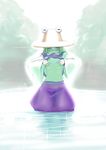  blush flat_chest hat ishikkoro looking_at_viewer moriya_suwako mouth_hold nipples pyonta shirt_lift solo touhou wading 