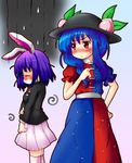  animal_ears blazer blush bunny_ears cosplay food fruit hat highres hinanawi_tenshi jacket multiple_girls nagae_iku peach reisen_udongein_inaba reisen_udongein_inaba_(cosplay) sweatdrop tanasuke tears touhou yagokoro_eirin yagokoro_eirin_(cosplay) 