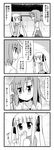  2girls 4koma =_= bare_shoulders blush clothes_around_waist comic dress_shirt embarrassed greyscale hair_ribbon jitome long_hair minami_(colorful_palette) monochrome multiple_girls original ribbon shirt short_hair skirt sleeveless sleeveless_shirt sweater sweater_around_waist translated twintails 