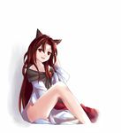  animal_ears bare_shoulders brooch brown_hair error fang formless_god imaizumi_kagerou jewelry long_hair long_sleeves panties red_eyes sitting solo touhou underwear very_long_hair white_background wolf_ears 