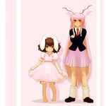  animal_ears barefoot bloomers brown_hair bunny_ears carrot child dress height_difference inaba_tewi ishikkoro long_hair looking_at_viewer multiple_girls necktie purple_hair red_eyes red_neckwear reisen_udongein_inaba short_hair skirt smile touhou underwear very_long_hair 