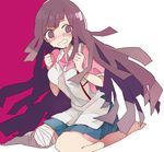  4_(nakajima4423) apron bandages blush crying danganronpa mole mole_under_eye nurse open_mouth purple_hair solo super_danganronpa_2 tears tsumiki_mikan wavy_mouth 