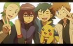  :d ;d ^_^ ^o^ black_hair bow bowtie brown_eyes brown_hair clenched_hand closed_eyes commentary_request cyaneko dent_(pokemon) expressionless fingerless_gloves gen_1_pokemon gloves green_eyes green_hair jewelry labcoat letterboxed looking_at_viewer male_focus multiple_boys necklace no_hat no_headwear one_eye_closed ookido_shigeru open_mouth pikachu pokemon pokemon_(anime) pokemon_(classic_anime) pokemon_(creature) pokemon_bw_(anime) pokemon_dp_(anime) purple_hair satoshi_(pokemon) shaded_face shinji_(pokemon) simple_background smile upper_body v white_background 
