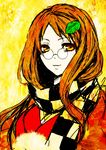  brown_hair checkered futatsuiwa_mamizou futatsuiwa_mamizou_(human) glasses japanese_clothes kido_(choushouya) leaf long_hair pince-nez scarf smile touhou traditional_media upper_body watercolor_(medium) yellow_background yellow_eyes 