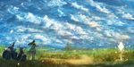  black_hair capelet cat cloud day from_behind grass ground_vehicle long_hair map motor_vehicle motorcycle mountain original sakimori_(hououbds) scenery skirt sky 