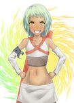 1girl backpack bag bare_shoulders detached_sleeves fuu_(naruto) green_hair grin hair_ornament hairclip hands_on_hips highres looking_at_viewer midriff naruto naruto_shippuuden navel orange_eyes smile solo standing 