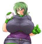  1girl bottle breasts emerald_(sprite37) glasses green_hair hataraki_ari huge_breasts milk plump red_eyes 