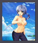  :d beach blue_eyes blush breasts cloud covering covering_one_breast day highres large_breasts looking_at_viewer navel nipples open_mouth original outdoors pants ponytail silver_hair sky smile solo standing stardust_abyss topless water 