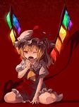  ascot blonde_hair bow fangs finger_to_mouth flandre_scarlet foge glowing glowing_wings hat hat_bow highres laevatein nail_polish one_eye_closed open_mouth puffy_sleeves red_eyes red_nails shirt short_sleeves side_ponytail sitting skirt skirt_set solo tears touhou vest wariza wings 