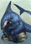  abs anthro beast biceps big_muscles blue_skin claws fangs fish gills green_background grey_skin jaw male marine mercyguy muscles nude pecs plain_background pose rock scales shark sitting solo teeth toe_claws toned vein water white_skin yellow_eyes 