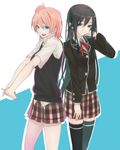  bad_id bad_pixiv_id black_hair blue_eyes hair_ribbon kujuu_shikuro long_hair multiple_girls pink_hair plaid plaid_skirt ribbon school_uniform short_hair skirt thighhighs yahari_ore_no_seishun_lovecome_wa_machigatteiru. yuigahama_yui yukinoshita_yukino 