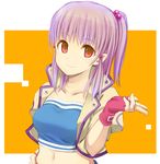  breasts copyright_request fingerless_gloves gloves hair_bobbles hair_ornament looking_at_viewer medium_breasts purple_hair red_eyes simple_background smile solo toshiya 