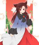  animal_ears brooch brown_hair dress fingernails imaizumi_kagerou izamin jewelry long_fingernails long_hair red_eyes smile solo tail touhou wolf_ears 