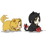  :3 ada_wong animalization black_hair blonde_hair cat cat_tail chibi dog dog_tail leon_s_kennedy resident_evil smile tail tail_wagging wagging_tail yarn 