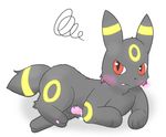  blush cum cum_drip dripping eeveelution erection feral hindpaw looking_at_viewer lying male nintendo on_side open_mouth pawpads paws penis pink_penis plain_background pok&#233;mon pok&eacute;mon red_eyes ruua solo tapering_penis umbreon video_games white_background 