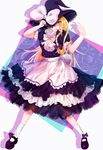  apron arm_up bad_id bad_pixiv_id blonde_hair bow braid eyelashes full_body hair_bow hand_on_headwear hat hat_over_one_eye hat_ribbon highres kirisame_marisa kneehighs layered_skirt legs_apart light_smile lips long_hair looking_at_viewer mary_janes mikazuki_yurayura multicolored multicolored_background puffy_short_sleeves puffy_sleeves ribbon shadow shoes short_sleeves simple_background single_braid skirt skirt_set solo sparkle touhou waist_apron witch_hat yellow_eyes 