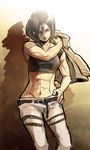  abs bad_id bad_pixiv_id belt black_eyes black_hair mikasa_ackerman miyudaii muscle muscular_female navel shingeki_no_kyojin solo 