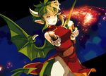  belt china_dress chinese_clothes clenched_hands draco_centauros dragon_girl dragon_horns dragon_tail dragon_wings dress gloves green_hair green_wings horns kokuzu madou_monogatari pants pointy_ears puyopuyo short_hair solo tail wings yellow_eyes 