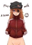  1girl animal_hat bad_id bad_pixiv_id blue_eyes blush bottomless brown_hair cat_hat english evangelion:_3.0_you_can_(not)_redo eyepatch hands_in_pockets hat jacket justeeeeth long_hair looking_at_viewer navel neon_genesis_evangelion open_mouth plugsuit pussy rebuild_of_evangelion shikinami_asuka_langley simple_background smiley_face solo souryuu_asuka_langley thigh_gap track_jacket trembling white_background 