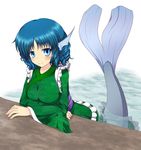  arm_rest blue_eyes blue_hair blush breast_rest breasts g_(desukingu) head_fins japanese_clothes kimono large_breasts looking_at_viewer mermaid monster_girl obi partially_submerged sash short_hair simple_background smile solo touhou wakasagihime water white_background 