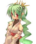  bad_id bad_pixiv_id blush breasts detached_sleeves green_hair ju-zika long_hair looking_at_viewer medium_breasts original pointy_ears red_eyes simple_background smile solo very_long_hair white_background 