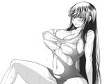  1girl black_hair blush breasts kurofudo large_breasts long_hair monochrome nipples solo swimsuit torn_clothes 