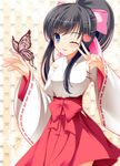  black_hair blue_eyes blush breasts bug butterfly heart insect japanese_clothes long_hair medium_breasts miko one_eye_closed original ponytail smile solo takataka 