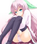  black_legwear blue_eyes chro hair_ribbon highres long_hair original panties pink_hair pink_panties ribbon sitting skirt smile solo thighhighs underwear 