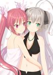  ahoge aqua_eyes breasts cleavage cthugha_(nyaruko-san) dress earrings grey_hair hair_ribbon haiyore!_nyaruko-san heart hug jewelry kuro_(chrono) long_hair medium_breasts midriff multiple_girls navel necktie nyarlathotep_(nyaruko-san) pink_eyes red_hair ribbon smile star star_earrings twintails two_side_up very_long_hair white_dress yuri 