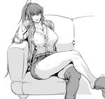  1girl anego! breasts couch kurofudo kyoko_ramon large_breasts legs_crossed monochrome ponytail smile solo thighhighs_pull 