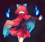  blue_fire bow cape fire hair_bow highres kirame_kirai outstretched_arm red_eyes red_hair sekibanki simple_background skirt solo touhou 