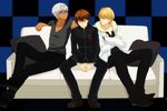  archer blonde_hair brown_eyes brown_hair casual chabotaro couch dark_skin dark_skinned_male fate/extra fate/extra_ccc fate_(series) gilgamesh kishinami_hakuno_(male) male_focus multiple_boys red_eyes school_uniform white_hair 