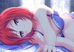  afterglow bed blush bra looking_at_viewer love_live! love_live!_school_idol_project lying navel nishikino_maki on_side purple_eyes red_hair short_hair smile solo taka_shida underwear 