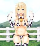  animal_print bell bikini blonde_hair blue_eyes bottle breasts cow_bell cow_print day fence gloves grass happy large_breasts long_hair milk_bottle moutama navel open_mouth original side-tie_bikini sky solo swimsuit thighhighs 