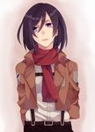  arms_behind_back bad_id bad_pixiv_id belt black_hair buckle emblem jacket long_sleeves mikasa_ackerman paradis_military_uniform purple_eyes scarf sena_02 shingeki_no_kyojin short_hair signature solo training_corps_(emblem) 