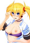  arcana_heart blonde_hair blue_eyes breasts collar earrings fang glasses jewelry large_breasts lilica_felchenerow nipples pink-framed_eyewear pointy_ears shiny shiny_skin short_hair smile solo tomatto_(@ma!) twintails 
