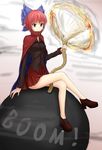  bare_legs bomb bow brown_eyes cape crossed_legs dress fire fuse gradient gradient_background hair_bow hater_(hatater) highres index_finger_raised jewelry light_smile long_sleeves looking_at_viewer no_socks pendant red_eyes red_hair sekibanki short_hair simple_background sitting smoke solo touhou 