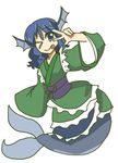  blue_eyes blue_hair head_fins japanese_clothes long_sleeves mermaid monster_girl obi one_eye_closed sash short_hair sleeves_past_wrists solo tongue tongue_out touhou wakasagihime white_background zassou_maruko 